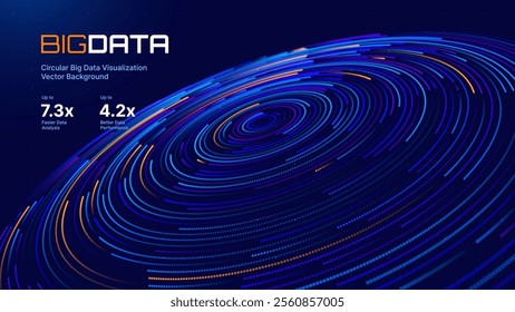 Big Data Visualization. Circular Particles With Trails Vortex. Futuristic Science or Finance Infographic Design. Complex Visual Data Background. Abstract Data Flowing. Vector Illustration.