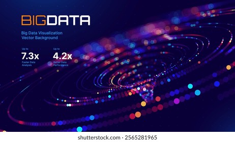 Big Data Visualization. Circular Particles With Trails Vortex. Futuristic Science or Finance Infographic Design. Complex Visual Data Background. Abstract Data Flowing. Vector Illustration.