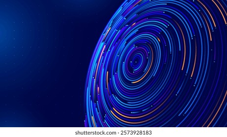 Big Data Visualization. Circular Particles With Trails Vortex. Futuristic Science or Finance Infographic Design. Complex Visual Data Background. Abstract Data Flowing. Vector Illustration.