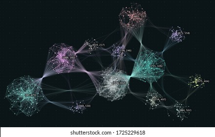 Big data visualization. Cluster computing network. Social media connections. Web of connected nodes.