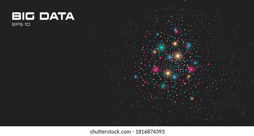Big data visualization. A cluster of multi-colored glow particles. Abstract science/technology background with copy space. Vector illustration.