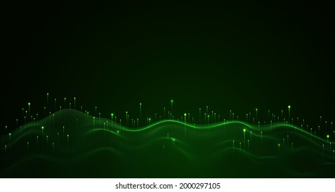 Big data visualization concept. Dynamic wave on green background. Wave of particles