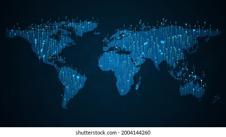 Big data visualization concept. Technology background. World map on blue background.