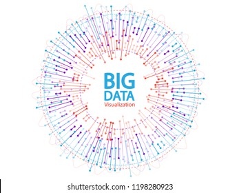 Big data visualization concept vector design. Round frame on connected lines and dots. Digital information statistical methods innovation visual concept. Big data graphic structure.