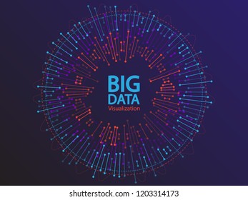 Big data visualization concept vector. Circle frame on connected lines and dots. Digital information statistical and analysis methods visual concept. Big data system structure.
