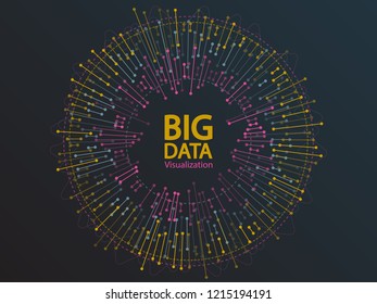 Big data visualization concept vector. Circle frame on connected lines and dots. Digital information statistical methods innovation visual concept. Big data graphic structure.