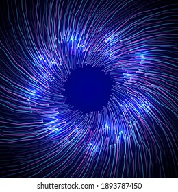 Big data visualization concept vector. Round swirl frame of lines and glowing dots. Digital statistical and analysis methods visual science and technology engineering concept.