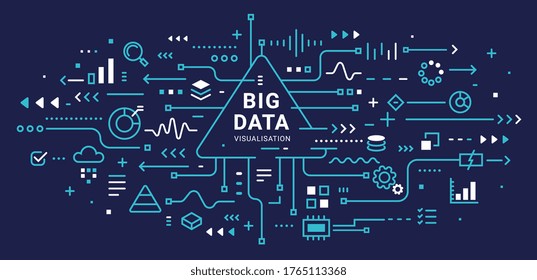 Big data visualization connection complex with icon. Vector abstract technology illustration of data array visual on dark background with word. Line art style design of graphic element for web banner