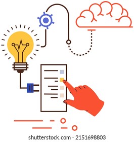 Big data visualization connection complex with icon. Data array visual structure light bulb. Hand points to system, abstract diagram with information. Innovation,technical development concept