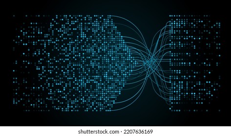 Visualización de grandes datos, análisis de información digital y clasificación. Fondo vectorial de tecnología de red con flujo de información digital y flujo de análisis de grandes datos de puntos brillantes de resplandor y líneas onduladas