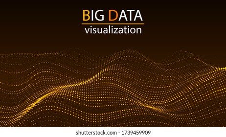 Big data visualization. Digital wave of particles. Technology background of many glowing particles. Artificial intelligence. Futuristic yellow dots background.