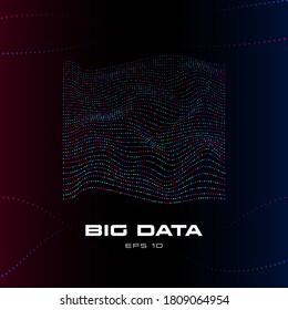 Big data visualization. Distortion stream of particles. Wave stripes of multicolored data units on dark background. Science, technology theme. Vector illustration.