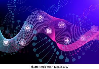 Big Data Visualization with DNA helix, DNA bonds, Medical Icons, Genomic Elements, DNA Strand for Concept DNA Background with Line Waves