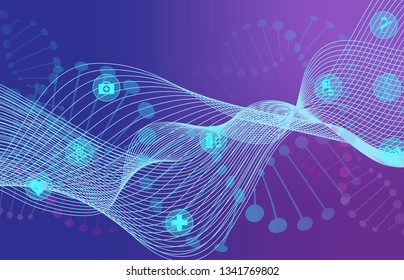 Big Data Visualization with DNA helix, DNA bonds, Medical Icons, Genomic Elements, DNA Strand for Concept DNA Background with Line Waves