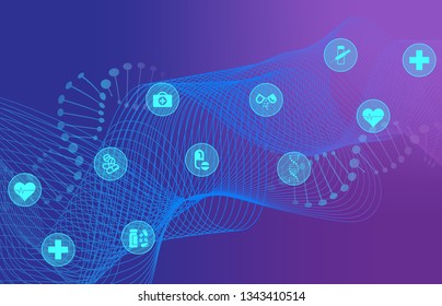 Big Data Visualization with DNA helix, DNA bonds, Medical Icons, Genomic Elements, DNA Strand for Concept DNA Background with Line Waves