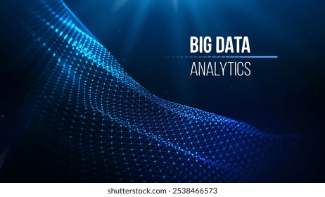 Big data visualization with a dynamic blue grid. Data connect dots technology background vector.