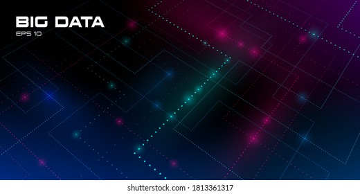 Big data visualization. Futuristic background with tracks of glowing data units. Streams of multicolored particles. Depth of field DOF. Сoncept of science and technology. Vector