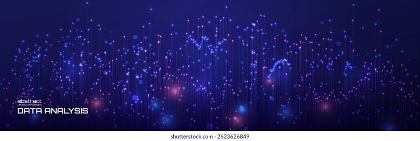 Visualização de Big Data com luzes azuis e rosa brilhantes. Gráficos abstratos e linhas verticais no fundo escuro. Análise digital ou visuais técnicos. Ilustração de vetor.