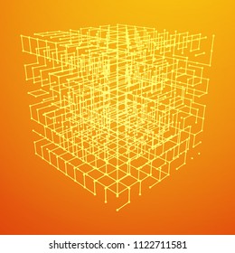 Big data visualization. HUD grid corners wireframe mesh cube. Analysis of information. Visual data infographics design. Science and technology. Connection Structure. Digital Data Vector Illustration.