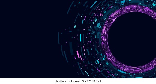 Big data visualization into cyberspace. Digital circles of blue and purple web fragments. Information particles in a neural network. Vector illustration. EPS 10