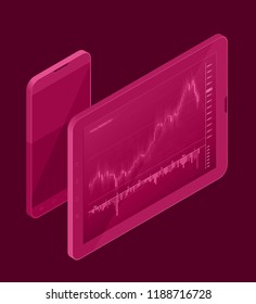 Big data visualization isometric phone. Abstract graphic consisting blured points, graph chart. Information business concept. Business technology background. Vector infographic smartphone tab isometry