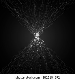 Big data visualization. Lines with a cluster of dots in the center. Deep learning algorithms. Black and white. Design for business, science, technology. Vector