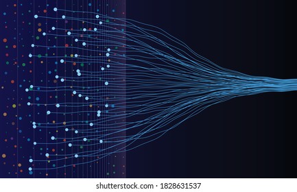 Big data visualization with lines and dots. Diminishing perspective on background with lines.