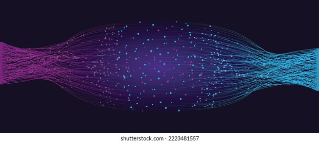 Big data visualization with lines and dots. Abstract color lines with dots over dark background.