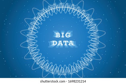 Big data visualization. On the center is fractal element with white technological arcs and curves. Blockchain network analysis. Visual data complexity. Vector illustration on blue background