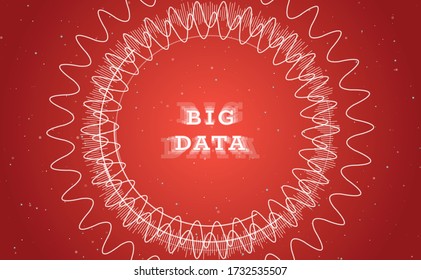 Big data visualization. On the center is fractal element with white technological arcs and curves. Blockchain network analysis. Visual data complexity. Vector illustration on red background with stars