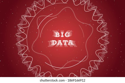 Big data visualization. On the center is fractal element with white technological arcs and curves. Blockchain network analysis. Visual data complexity. Vector illustration on red background with stars