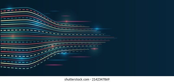 Große Datenvisualisierung auf dunklem Hintergrund. Eine Reihe von mehrfarbigen Linien. Hightech-Konzept der Datenstrukturierung. Futuristische Fragmentierung von Informationen.