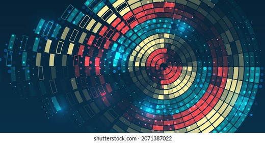 Big data visualization. Processing of data arrays, sorting. Filtering machine algorithms. Data stream in the form of an array of circles and binary code. Vector database background.