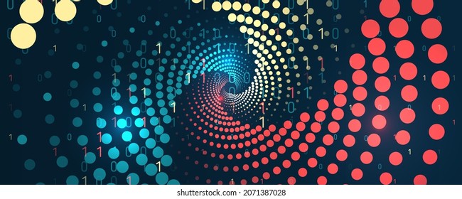 Visualisierung großer Daten. Verarbeitung von Datenarrays, Sortierung. Filtermaschinenalgorithmen. Datenstrom in Form eines Arrays von Spiralen und Binärkode. Vektordatenbankhintergrund.