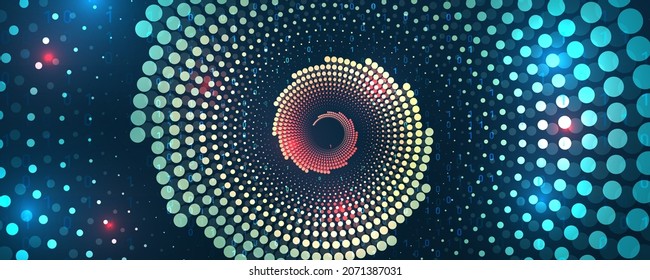 Visualisierung großer Daten. Verarbeitung von Datenarrays, Sortierung. Filtermaschinenalgorithmen. Datenstrom in Form eines Arrays von Spiralen und Binärkode. Vektordatenbankhintergrund.