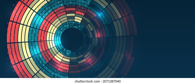 Big data visualization. Processing of data arrays, sorting. Filtering machine algorithms. Data stream in the form of an array of circles and binary code. Vector database background.
