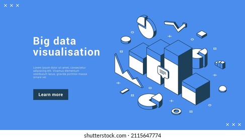 Big data visualization statistic software analytic development internet banner landing page isometric vector illustration. Digital planning research database analyzing chart graph diagram information