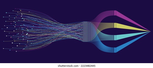Big Data visualization. Structuring chaotic points with lines. Geometric abstract blue background.