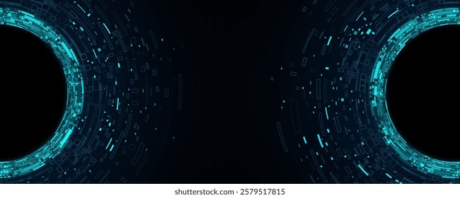 Big data visualization with swirling digital circles of blue web fragments. Futuristic background. Information particles in a neural network. Vector illustration. EPS 10