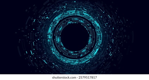 Big data visualization. Swirling digital circles with web fragments and circuit board frame. Futuristic background. Information particles in a neural network. Vector illustration. EPS 10