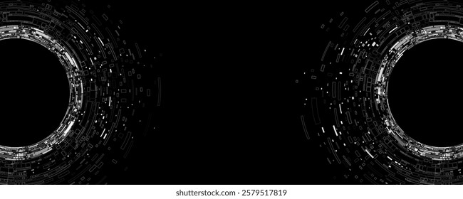 Big data visualization of swirling digital circles with web fragments. Futuristic background. Information particles in a neural network. Vector illustration. EPS 10