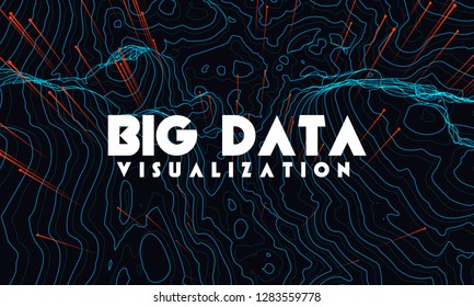 Big data visualization. Trendy infographic background. Data analysis presentation. Topographic 3d map consist of wavy circles and lines. Abstract graph and chart concept
