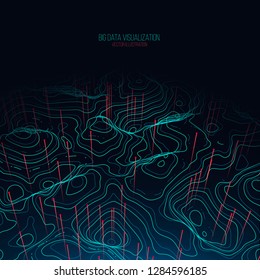 Big data visualization. Trendy infographic background. Data analysis presentation. Topographic 3d map consist of wavy circles and lines. Abstract graph and chart concept