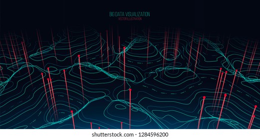 Big Data Visualization. Trendy Infographic Background. Data Analysis Presentation. Topographic 3d Map Consist Of Wavy Circles And Lines. Abstract Graph And Chart Concept