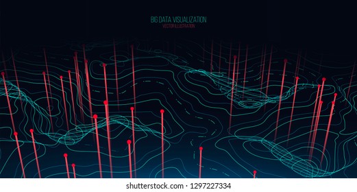 Big data visualization. Trendy infographic background. Data analysis presentation. Topographic 3d map consist of wavy circles and lines. Abstract graph and chart concept.