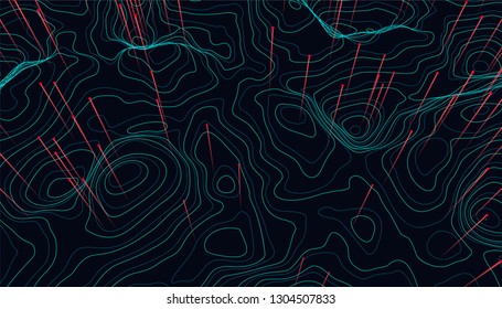 Big data visualization. Trendy infographic background. Data analysis presentation. Topographic 3d map consist of wavy circles and lines. Abstract graph and chart concept
