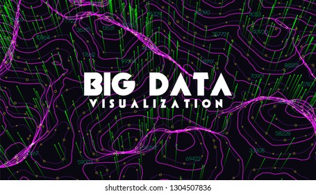 Big data visualization. Trendy infographic background. Data analysis presentation. Topographic 3d map consist of wavy circles and lines. Abstract graph and chart concept