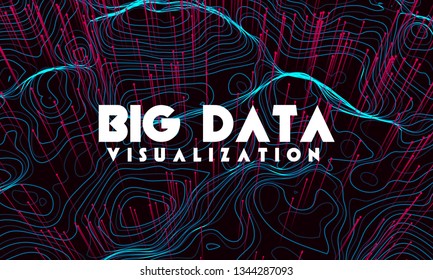 Big data visualization. Trendy infographic background. Data analysis presentation. Topographic 3d map consist of wavy circles and lines. Abstract graph and chart concept