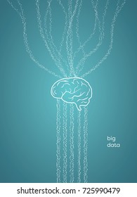 Big data visualization vector concept with data flow through brain symbol. Data analysis, selection, processing symbol. Eps10 vector illustration.