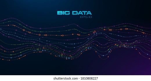Big data visualization. Wavy stream of particles. Wavy stripes of data units on dark gradient background. Science, technology, education concept. Vector illustration.